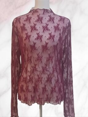 Sheer Lace Long-Sleeve Top - Burgundy 2XL NWOT